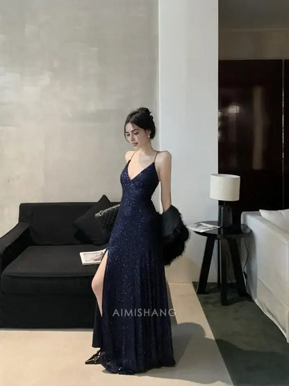 Aimishang Charming V-neck Spaghetti Straps Sleeveless Sequin Formal Prom Dress Shiny Party Evening Gowns Sexy Graduation Dress With Slit