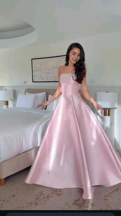 Aimishang Charming Strapless A Line Princess Sleeveless Beaded Lace-Up Back Long Formal Prom Dress