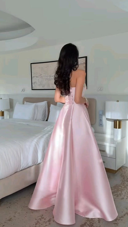 Aimishang Charming Strapless A Line Princess Sleeveless Beaded Lace-Up Back Long Formal Prom Dress