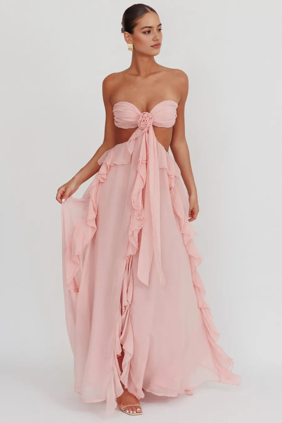 Aimishang Charming Strapless A Line Ruffle Sleeveless Long Formal Prom Dress Sexy Graduation Party Dress