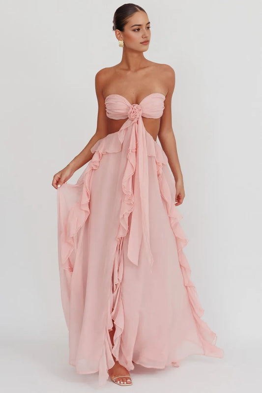Aimishang Charming Strapless A Line Ruffle Sleeveless Long Formal Prom Dress Sexy Graduation Party Dress