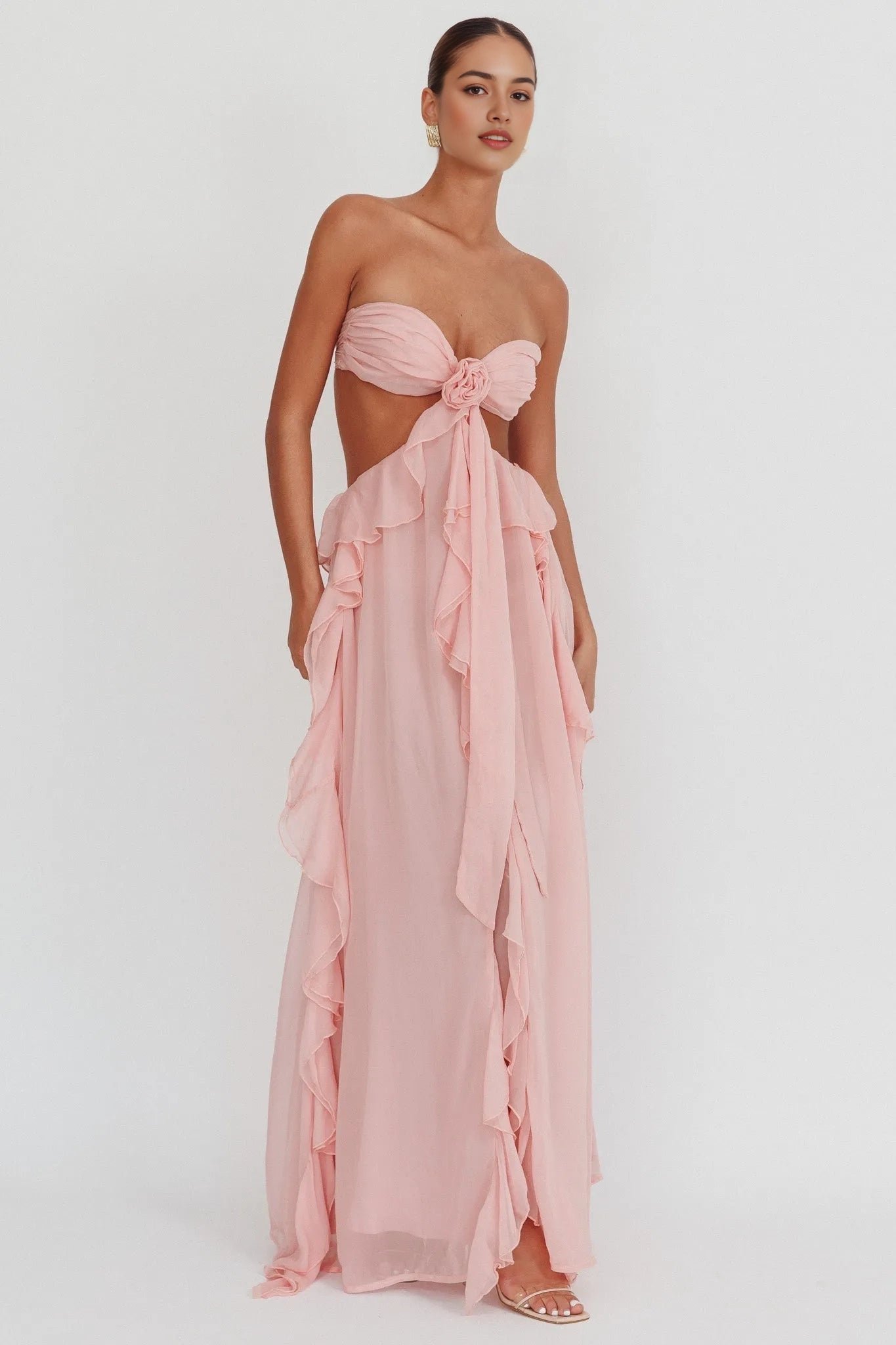 Aimishang Charming Strapless A Line Ruffle Sleeveless Long Formal Prom Dress Sexy Graduation Party Dress