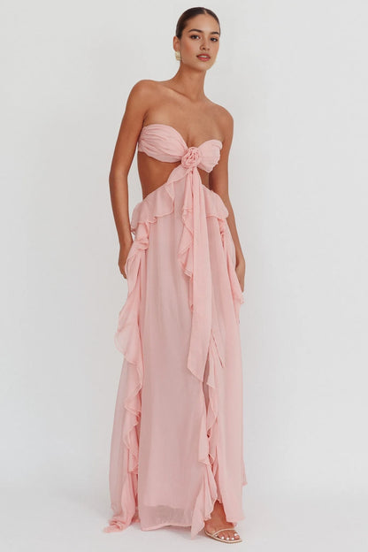 Aimishang Charming Strapless A Line Ruffle Sleeveless Long Formal Prom Dress Sexy Graduation Party Dress