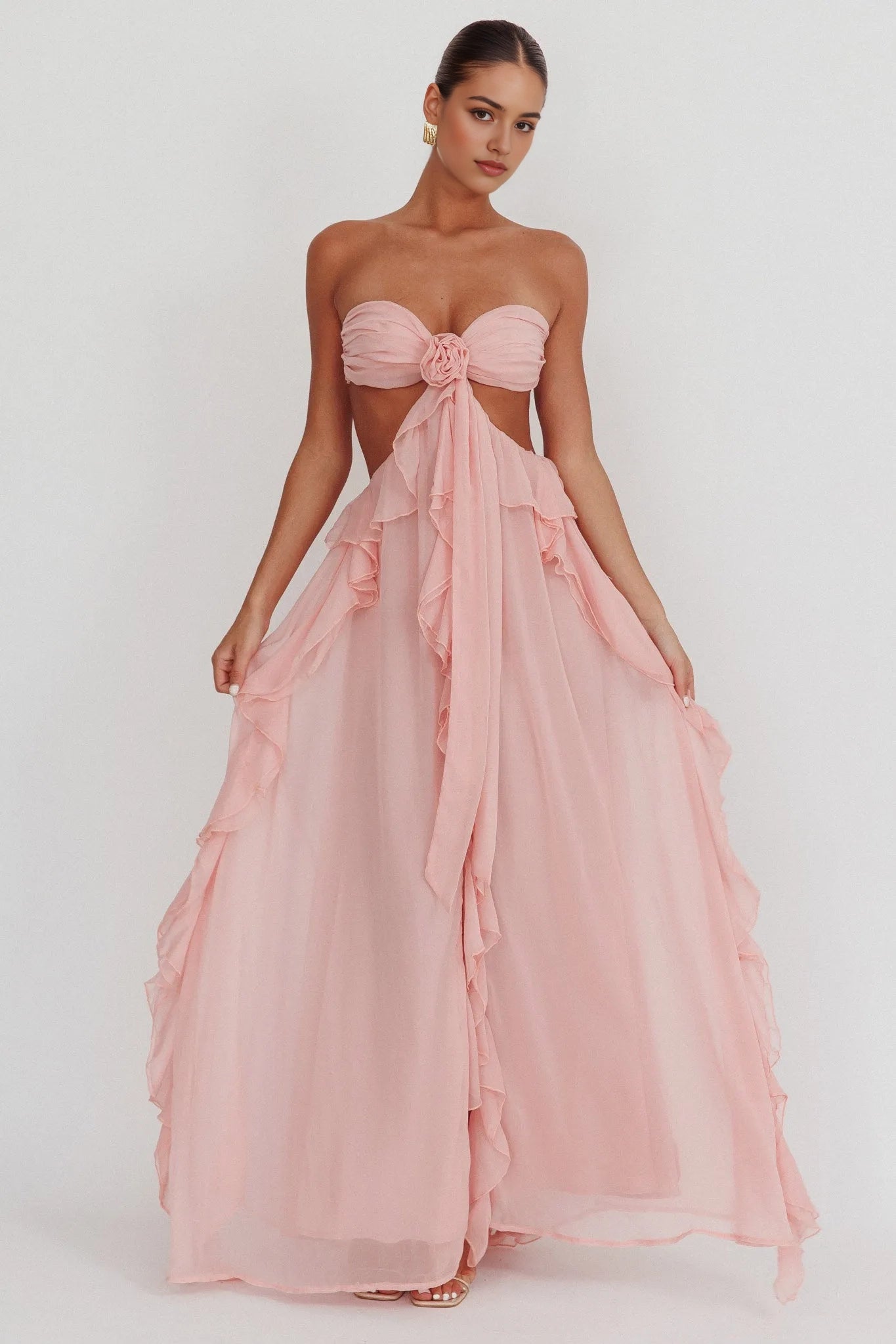 Aimishang Charming Strapless A Line Ruffle Sleeveless Long Formal Prom Dress Sexy Graduation Party Dress