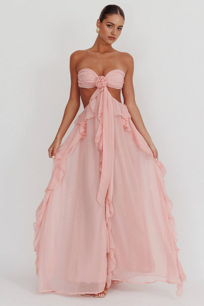 Aimishang Charming Strapless A Line Ruffle Sleeveless Long Formal Prom Dress Sexy Graduation Party Dress