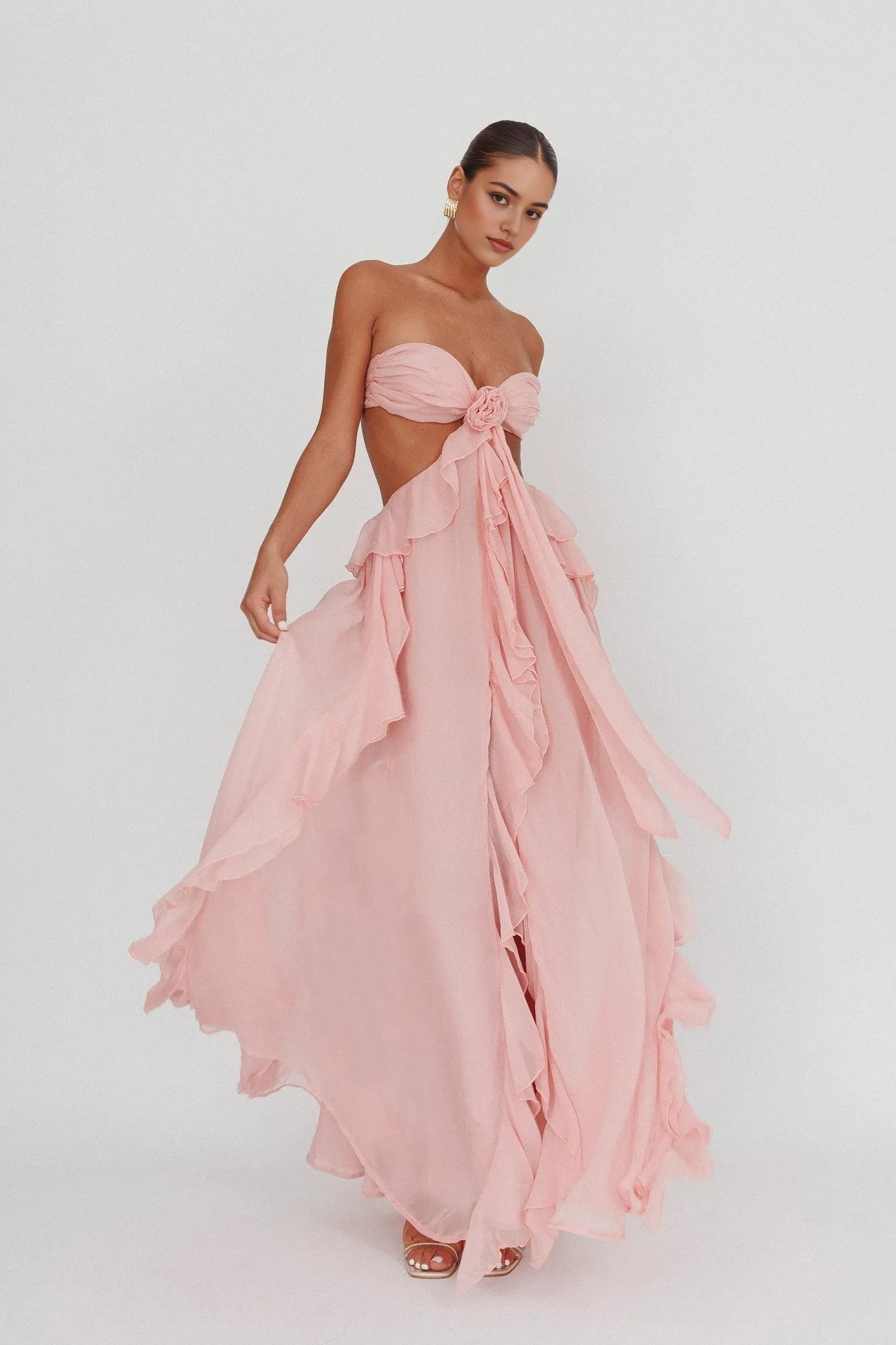 Aimishang Charming Strapless A Line Ruffle Sleeveless Long Formal Prom Dress Sexy Graduation Party Dress