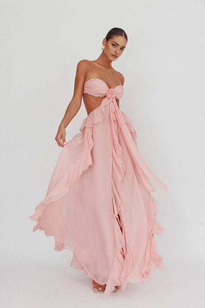 Aimishang Charming Strapless A Line Ruffle Sleeveless Long Formal Prom Dress Sexy Graduation Party Dress