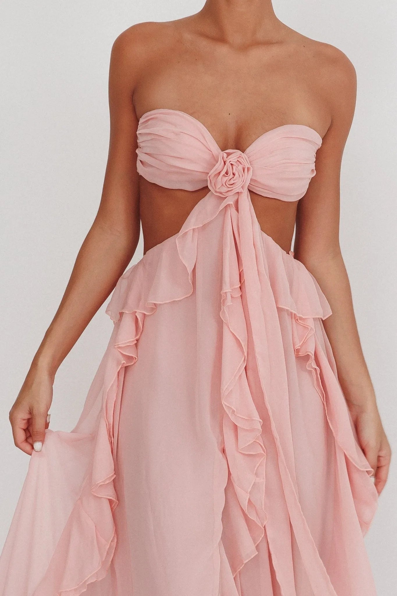 Aimishang Charming Strapless A Line Ruffle Sleeveless Long Formal Prom Dress Sexy Graduation Party Dress