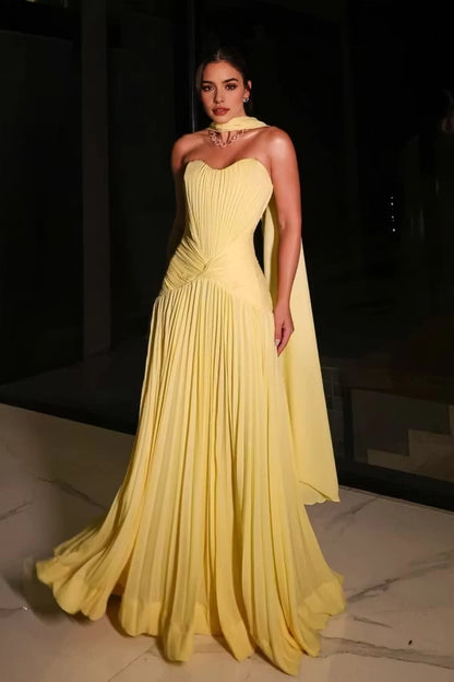 Aimishang Charming Strapless A Line Sleeveless Pleated Long Evening Party Dress Elegant Wedding Guest Dress