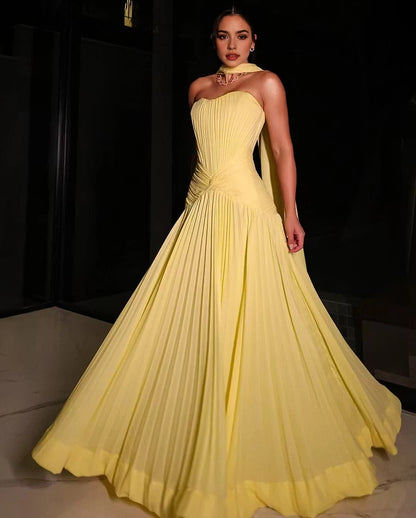 Aimishang Charming Strapless A Line Sleeveless Pleated Long Evening Party Dress Elegant Wedding Guest Dress