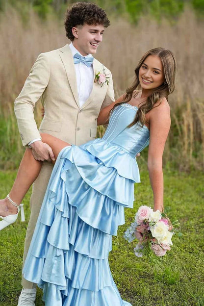 Aimishang Charming Strapless A Line Sleeveless Satin Layered Long Formal Prom Dress Elegant Graduation Dress With Slit