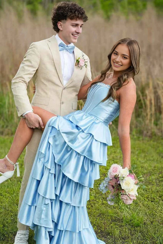 Aimishang Charming Strapless A Line Sleeveless Satin Layered Long Formal Prom Dress Elegant Graduation Dress With Slit