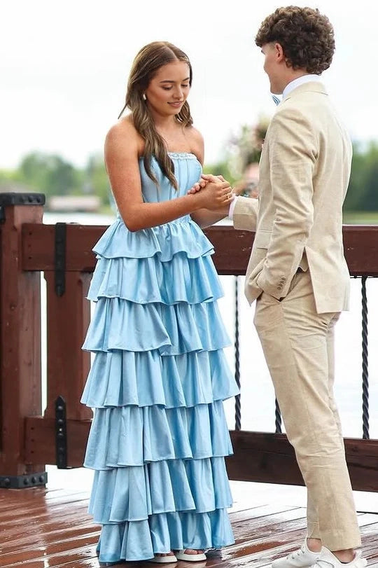 Aimishang Charming Strapless A Line Sleeveless Satin Layered Long Formal Prom Dress Elegant Graduation Dress With Slit