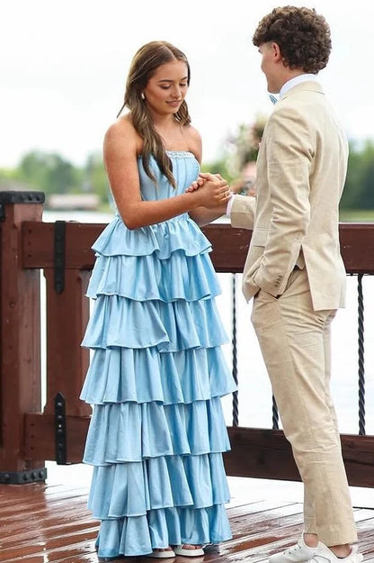 Aimishang Charming Strapless A Line Sleeveless Satin Layered Long Formal Prom Dress Elegant Graduation Dress With Slit