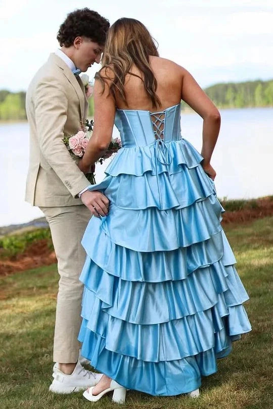 Aimishang Charming Strapless A Line Sleeveless Satin Layered Long Formal Prom Dress Elegant Graduation Dress With Slit