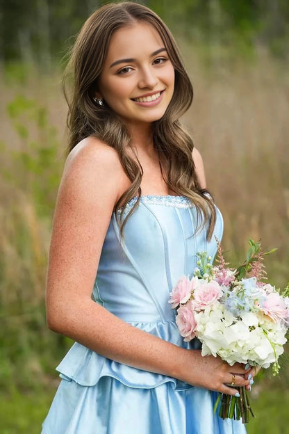 Aimishang Charming Strapless A Line Sleeveless Satin Layered Long Formal Prom Dress Elegant Graduation Dress With Slit