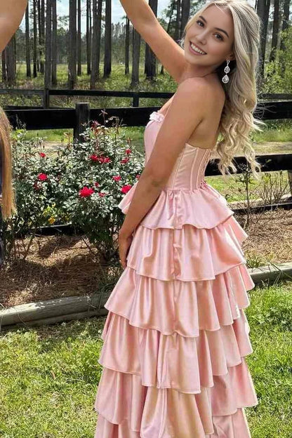 Aimishang Charming Strapless A Line Sleeveless Satin Layered Long Formal Prom Dress Elegant Graduation Dress With Slit