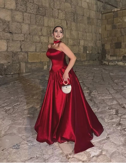 Aimishang Charming Strapless A Line Sleeveless Satin Long Evening Party Dress With Pleated Elegant Wedding Guest Dress