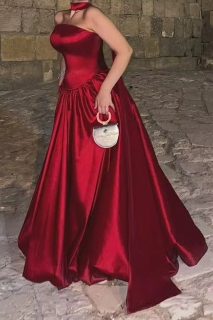 Aimishang Charming Strapless A Line Sleeveless Satin Long Evening Party Dress With Pleated Elegant Wedding Guest Dress