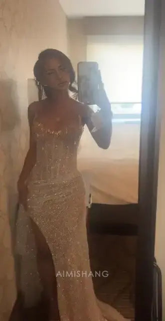 Aimishang Charming Strapless Formal Wear Dress Sequins Long Prom Dress With Slit Sexy Evening Gown Black Girl Birthday Party Dress