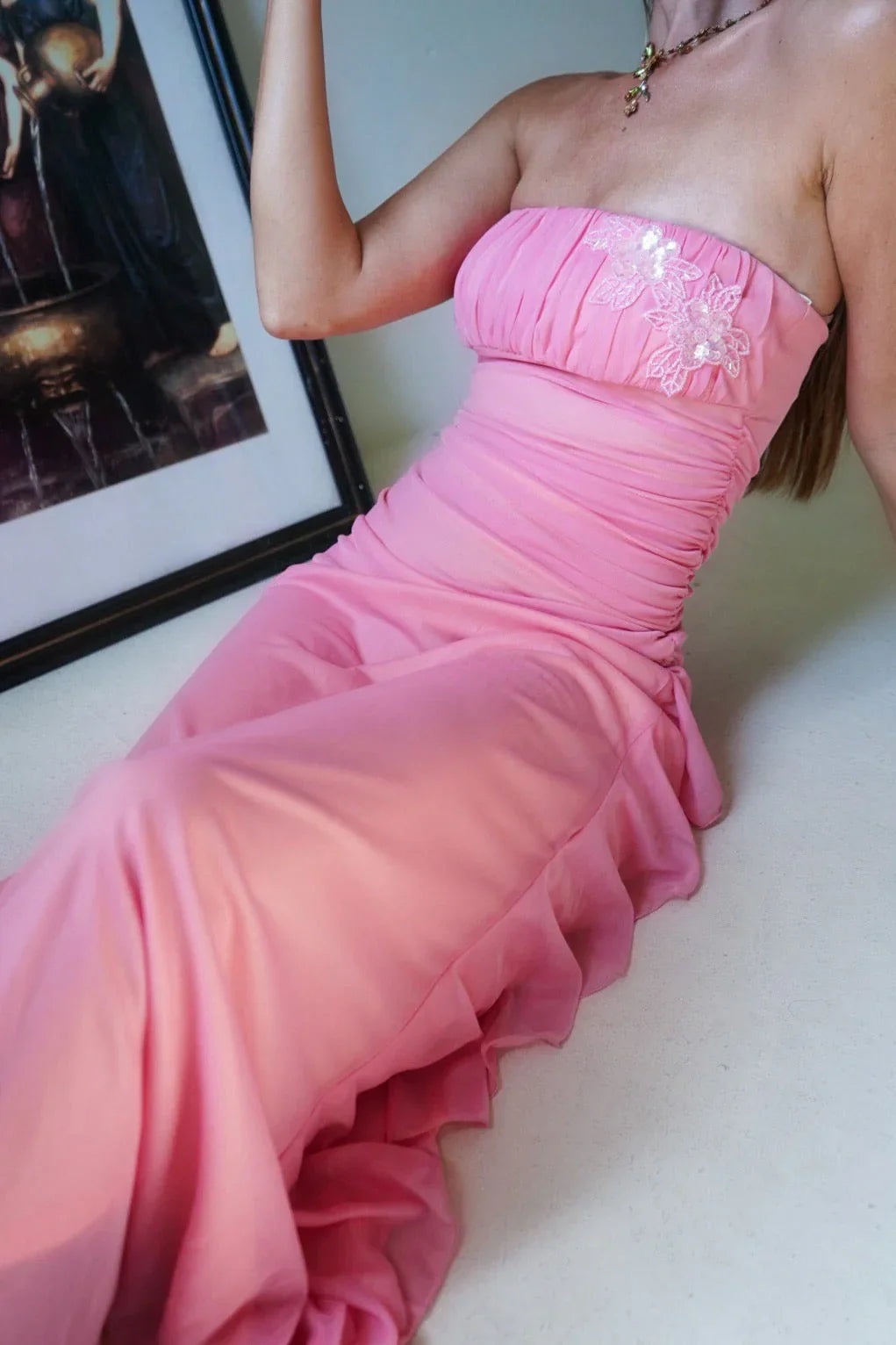 Aimishang Romantic Strapless Sleeveless Appliques Ruffle Long Prom Dress Elegant Wedding Guest Party Dress