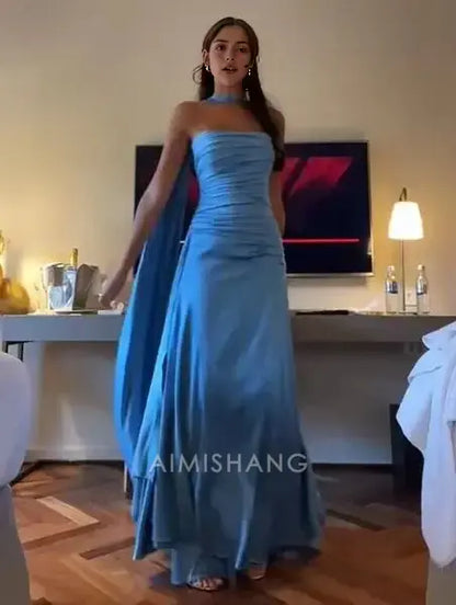 Aimishang Charming Strapless Sleeveless Blue Satin Long Formal Prom Dress Elegant Evening Gowns Fashion Graduation Party Dress
