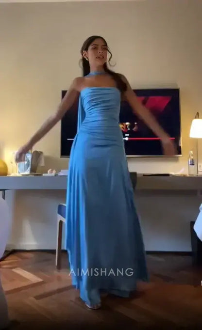 Aimishang Charming Strapless Sleeveless Blue Satin Long Formal Prom Dress Elegant Evening Gowns Fashion Graduation Party Dress