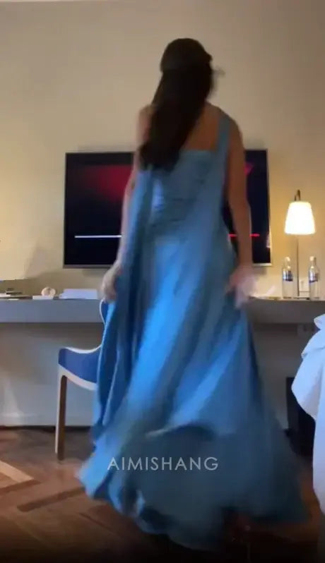 Aimishang Charming Strapless Sleeveless Blue Satin Long Formal Prom Dress Elegant Evening Gowns Fashion Graduation Party Dress