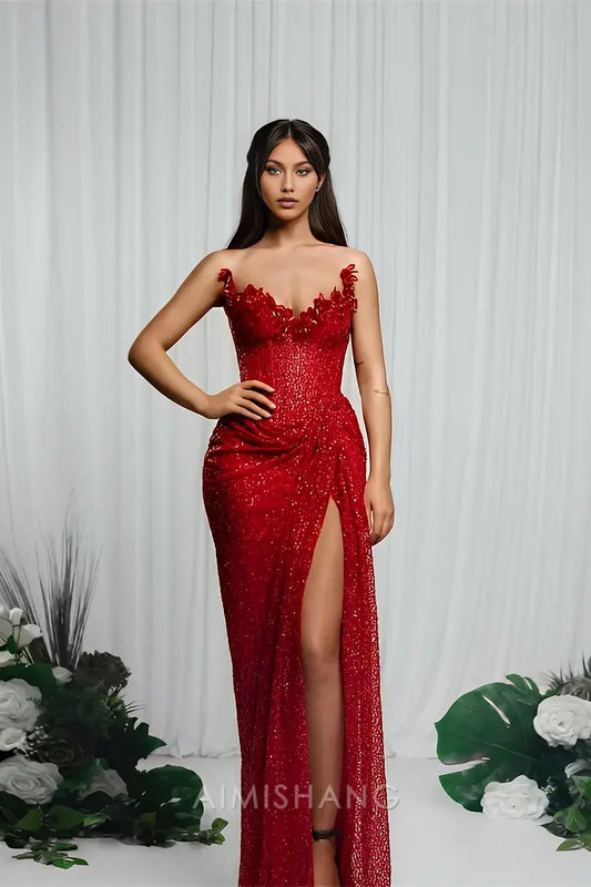 Aimishang Charming Strapless Sleeveless Long Prom Dress With Split Sparkly Evening Party Dress