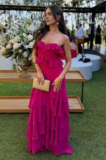 Aimishang Charming Strapless Sleeveless Ruffle Long Formal Prom Dress Elegant Wedding Guest Party Dress