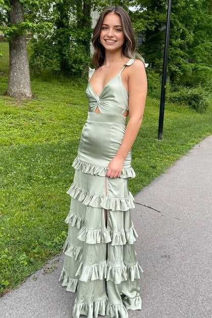 Aimishang Charming Straps Green Satin Ruffle Sleeveless Long Party Evening Gown Lovely Graduation Dress With Slit