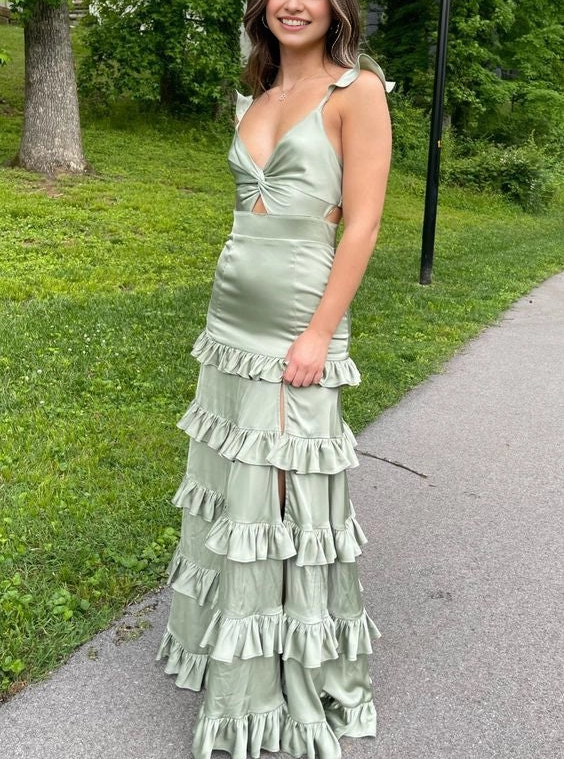 Aimishang Charming Straps Green Satin Ruffle Sleeveless Long Party Evening Gown Lovely Graduation Dress With Slit