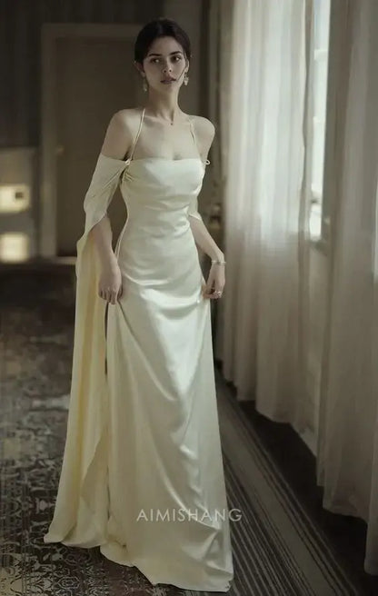 Aimishang Charming Straps Satin Long Formal Prom Dress Simple Party Evening Gowns Elegant Wedding Guest Dress