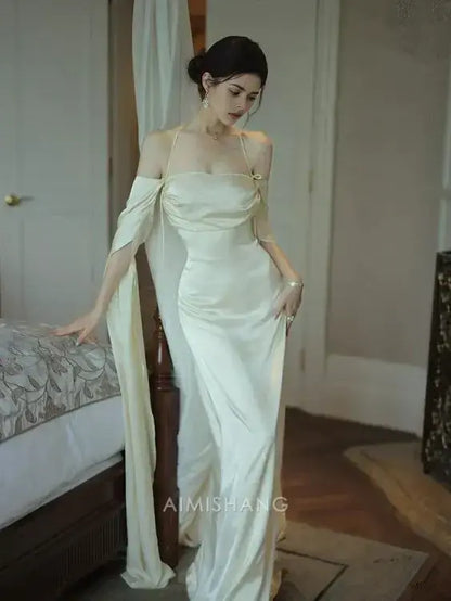 Aimishang Charming Straps Satin Long Formal Prom Dress Simple Party Evening Gowns Elegant Wedding Guest Dress