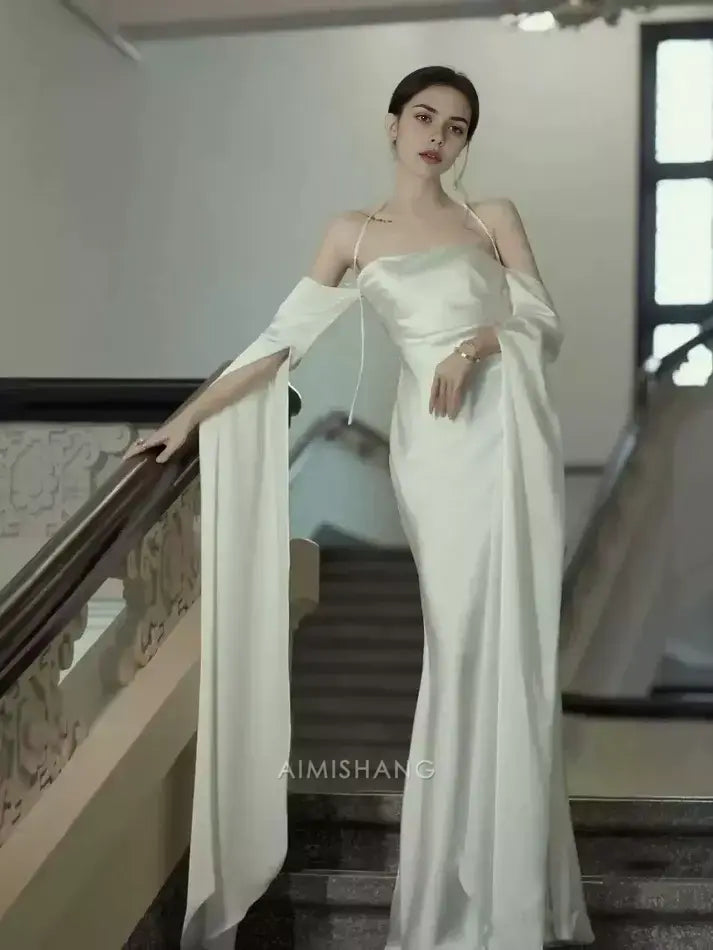 Aimishang Charming Straps Satin Long Formal Prom Dress Simple Party Evening Gowns Elegant Wedding Guest Dress