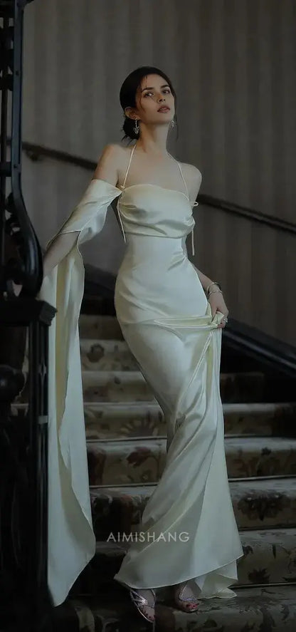 Aimishang Charming Straps Satin Long Formal Prom Dress Simple Party Evening Gowns Elegant Wedding Guest Dress
