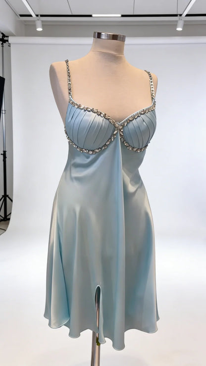 Aimishang Charming Straps Sleeveless Satin Beaded Short Homecoming Dress Pretty Party Prom Dress With Slit