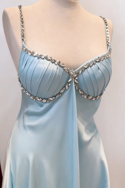 Aimishang Charming Straps Sleeveless Satin Beaded Short Homecoming Dress Pretty Party Prom Dress With Slit