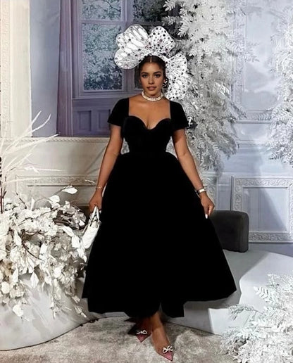 Aimishang Charming Sweetheart Neck Black Short Sleeves A Line Long Formal Prom Dress Sexy Party Evening Gown