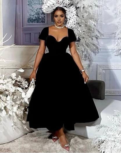Aimishang Charming Sweetheart Neck Black Short Sleeves A Line Long Formal Prom Dress Sexy Party Evening Gown