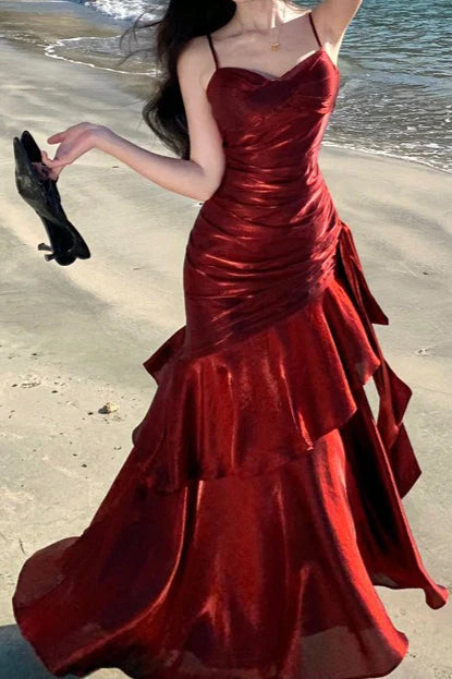 Aimishang Charming Sweetheart Spaghetti Straps Sleeveless Ruffle Long Formal Prom Dress Elegant Evening Party Dress