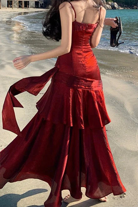 Aimishang Charming Sweetheart Spaghetti Straps Sleeveless Ruffle Long Formal Prom Dress Elegant Evening Party Dress