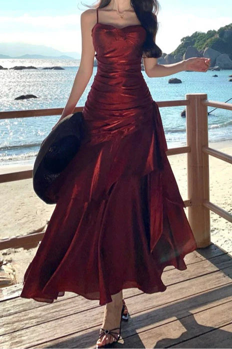 Aimishang Charming Sweetheart Spaghetti Straps Sleeveless Ruffle Long Formal Prom Dress Elegant Evening Party Dress