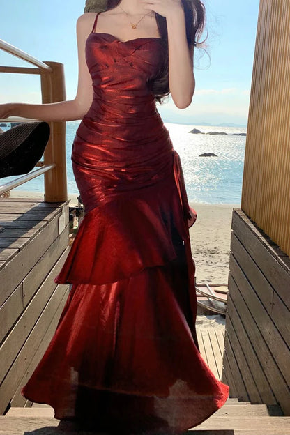 Aimishang Charming Sweetheart Spaghetti Straps Sleeveless Ruffle Long Formal Prom Dress Elegant Evening Party Dress