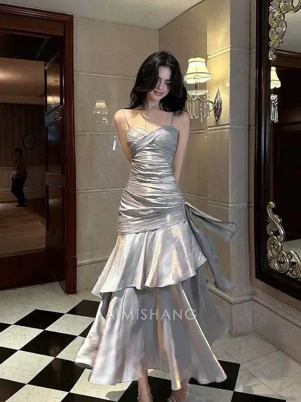 Aimishang Charming Sweetheart Spaghetti Straps Tiered Pleated Long Formal Prom Dress Elegant Sleeveless Party Evening Gowns Chic Graduation Wedding Guest Dress