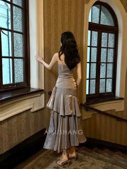 Aimishang Charming Sweetheart Spaghetti Straps Tiered Pleated Long Formal Prom Dress Elegant Sleeveless Party Evening Gowns Chic Graduation Wedding Guest Dress