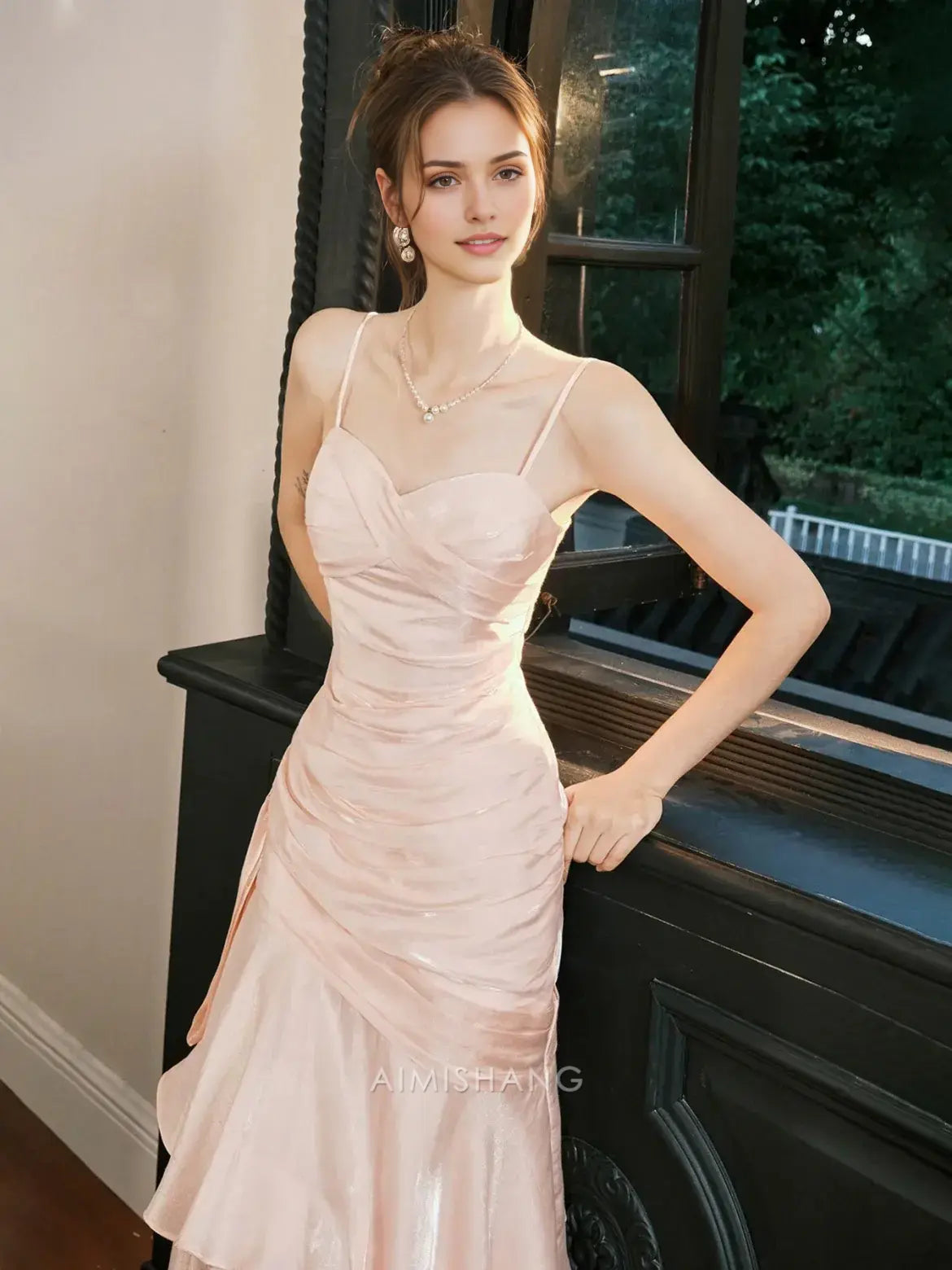 Aimishang Charming Sweetheart Spaghetti Straps Tiered Pleated Sleeveless Long Formal Prom Dress Elegant Party Evening Gowns Chic Graduation Wedding Guest Dress