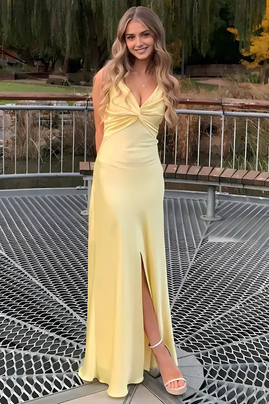 Aimishang Charming V-Neck Spaghetti Straps Yellow Satin Sleeveless Long Prom Dress Elegant Wedding Guest Party Dress With Slit