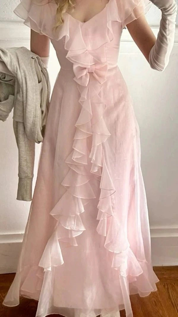 Aimishang Charming V-neck A Line Ruffle Long Party Evening Gown Sweet Formal Prom Dress No With Gloves