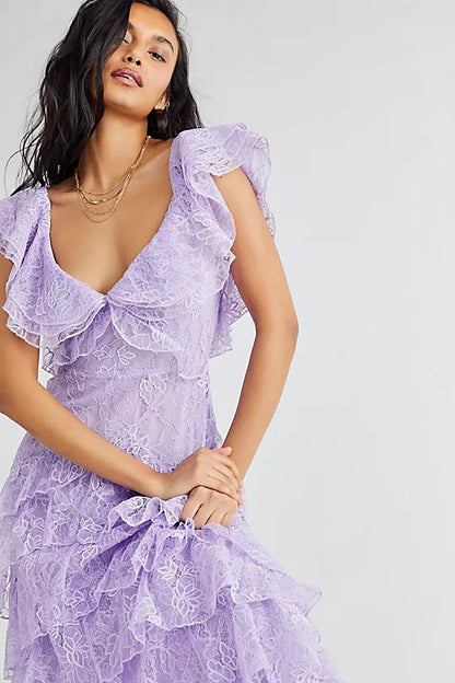 Aimishang Charming V-neck Layered Lace Long Prom Dress Sweet Party Evening Gown Elegant Formal Graduation Dress